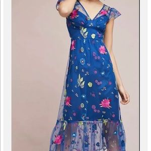 NWT Blue Floral Embroidered Tracy Reese X Anthropologie Midi Dress Size 8